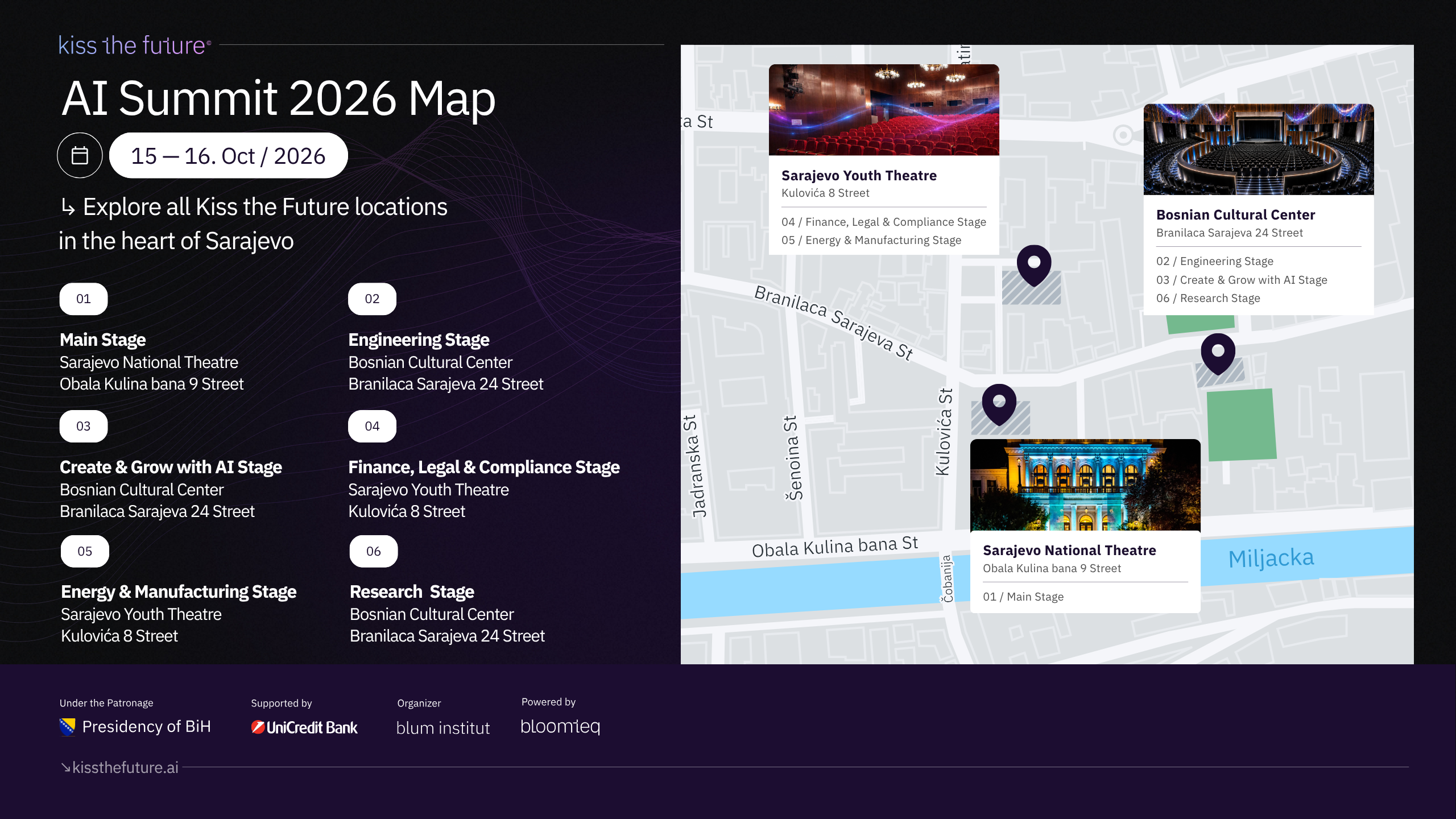 AI Summit Sarajevo 2026 map showing the National Theatre, Bosnian Cultural Center, and Sarajevo Youth Theatre